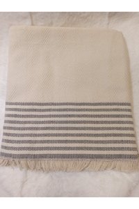 Şener Home Pamuklu Polar Saçaklı Süngersiz Çizgili Bej Tekli Koltuk Örtüsü 170x220 cm