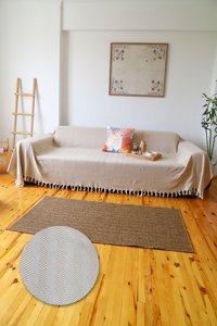 Koza Home Pamuklu - Polyester Saçaklı Süngersiz Çizgili Bej Tekli Koltuk Örtüsü 180x300 cm