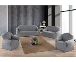 Uzhanem Pamuklu - Polyester Likralı Jakarlı Süngerli Çizgili Giydirmeli Gri Dörtlü Koltuk Örtüsü 183x230 cm