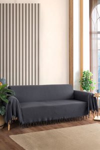 Cotanique Verona 3 Pamuklu Kanvas Püsküllü Süngersiz Armürlü Gri Üçlü Koltuk Örtüsü 180x300 cm