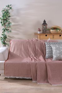 Zeynep Tekstil York Pamuklu Polar Saçaklı Süngersiz Çizgili Kırmızı Tekli Koltuk Örtüsü 170x210 cm