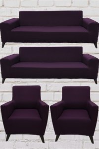 Şahane Ev Mikro Polyester Likralı Jakarlı Süngersiz Düz Giydirmeli Lastikli Fuşya Üçlü Koltuk Örtüsü 140 cm