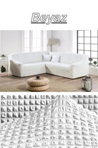 Uytm Polyester Bürümcük-Likralı Süngerli Çizgili Giydirmeli Beyaz Tekli Koltuk Örtüsü 400x550 cm