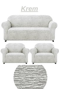 Kanway Likralı Jakarlı Süngersiz Kırçıllı Giydirmeli Gri Üçlü Koltuk Örtüsü 180x230 cm