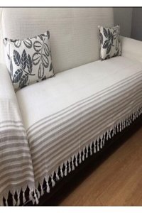 Enti Ev Tekstili Pamuklu Kanvas Püsküllü Süngersiz Armürlü Bej Üçlü Koltuk Örtüsü 300x170 cm