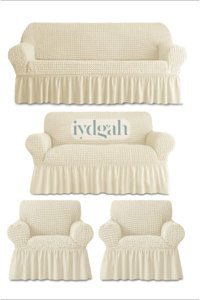 Heytgah Pamuklu - Polyester Bürümcük Fırfırlı Süngersiz Kapitone Giydirmeli Krem 3-2-1-1 Koltuk Örtüsü 180x230 cm