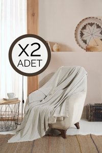 Lux Touch Vera Pamuklu Püsküllü Süngersiz Geometrik Desenli Gri İkili Koltuk Örtüsü 150x200 cm