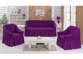 Ak Lale Polyester Bürümcük Fırfırlı Süngersiz Giydirmeli Lastikli Mor Üçlü Koltuk Örtüsü 150x195 cm