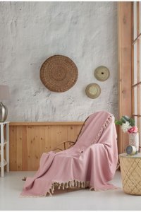 Miracolo Home Pamuklu - Polyester Püsküllü Süngersiz Geometrik Desenli Pembe Tekli Koltuk Örtüsü 120x150 cm