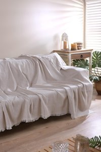 Zeynep Tekstil York Pamuklu Polar Saçaklı Süngersiz Çizgili Bej Tekli Koltuk Örtüsü 170x210 cm