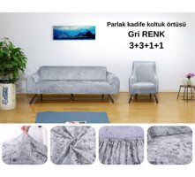 Etles Home Kadife Likralı Jakarlı Süngersiz Armürlü Giydirmeli Gri Sekizli Koltuk Örtüsü 180x220 cm