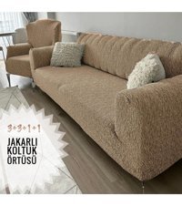 Tuchmall Likralı Jakarlı Süngerli Çizgili Giydirmeli Kahverengi Dörtlü Koltuk Örtüsü 180x230 cm