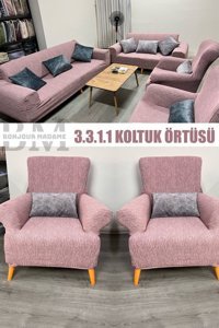 Bonjourmadame Polyester Süngersiz Çizgili Giydirmeli Lastikli Pembe Dörtlü Koltuk Örtüsü 180x230 cm