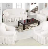 Karçiçeği Polyester Bürümcük Fırfırlı Süngersiz Kareli Giydirmeli Beyaz Dörtlü Koltuk Örtüsü