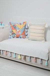 Aisha's Design Pamuklu Püsküllü Süngersiz Çizgili Mavi Tekli Koltuk Örtüsü 150x180 cm