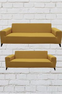 Şahane Ev Mikro Polyester Likralı Jakarlı Süngersiz Düz Giydirmeli Lastikli Hardal Üçlü Koltuk Örtüsü 55x69 cm