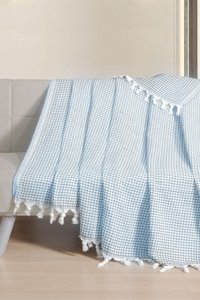 Meslina Home Pamuklu Püsküllü Süngersiz Çizgili Mavi Tekli Koltuk Örtüsü 180x220 cm