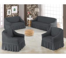 Elgeyar Pamuklu - Polyester Bürümcük Jakarlı Süngersiz Armürlü Giydirmeli Gri Yedili Koltuk Örtüsü 183x230 cm