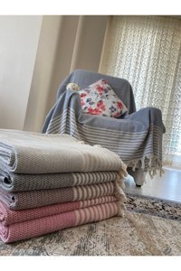 Altınkoza Pamuklu Püsküllü Süngersiz Mavi Tekli Koltuk Örtüsü 150x180 cm