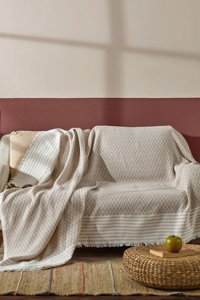 Fushia Home Fushia Bambu - Pamuklu Kanvas Saçaklı Süngersiz Armürlü Bej Üçlü Koltuk Örtüsü 180x200 cm