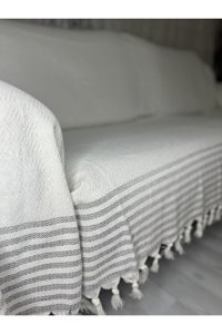 Nasır Home Pamuklu Püsküllü Süngersiz Düz Ekru Dörtlü Koltuk Örtüsü 180x300 cm