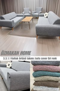 Özmakan Pamuklu - Polyester Likralı Jakarlı Süngersiz Çizgili Giydirmeli Gri Üçlü Koltuk Örtüsü 185x220 cm