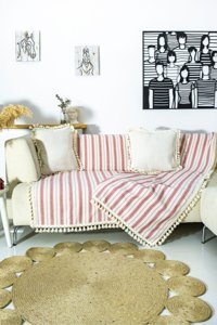 Ndc Home Keten Ponponlu Süngersiz Çizgili Bordo Tekli Koltuk Örtüsü 170x220 cm