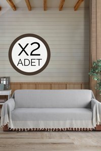 Lux Touch Pamuklu Püsküllü Süngersiz Geometrik Desenli Gri İkili Koltuk Örtüsü 180x300 cm