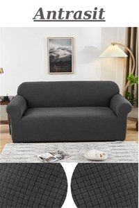 Akyol Home Pamuklu - Polyester Likralı Süngersiz Kareli Giydirmeli Lastikli Gri Tekli Koltuk Örtüsü 180x230 cm