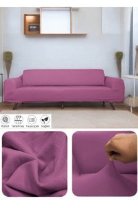 Riseler Home Pamuklu - Polyester Likralı Jakarlı Süngersiz Çiçek Desenli Giydirmeli Pembe Üçlü Koltuk Örtüsü 180x230 cm