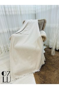 Özlü Home Atlas Pamuklu - Polyester Örgü Saçaklı Süngersiz Çizgili Kaymaz Bej Tekli Koltuk Örtüsü 170x210 cm