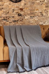 Denia Home Textile Daily Pamuklu Kanvas Saçaklı Süngersiz Armürlü Kaymaz Gri Üçlü Koltuk Örtüsü 170x200 cm