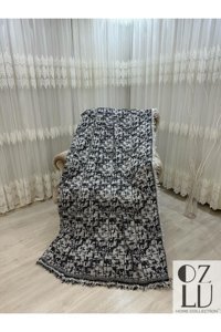 Özlü Home Pamuklu - Polyester Örgü Saçaklı Süngersiz Çizgili Siyah Tekli Koltuk Örtüsü 170x220 cm