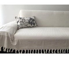 Mutlu Çeyiz Pamuklu Püsküllü Süngersiz Çizgili Beyaz Tekli Koltuk Örtüsü 180x300 cm