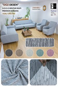 Faiend Pamuklu - Polyester Bürümcük Jakarlı Süngersiz Kırçıllı Giydirmeli Mavi 3-3-1-1 Koltuk Örtüsü 180x220 cm