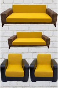 Şahane Ev Mikro Polyester Likralı Jakarlı Süngersiz Düz Giydirmeli Lastikli Sarı Üçlü Koltuk Örtüsü 55x8 cm