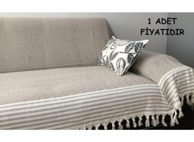 Coperta Pamuklu Kanvas Püsküllü Süngersiz Armürlü Kahverengi Üçlü Koltuk Örtüsü 180x300 cm
