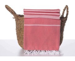 Hare Pamuklu Püsküllü Süngersiz Çizgili Kırmızı Tekli Koltuk Örtüsü 170x210 cm