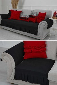 Aisha's Design KTK-6 Polyester Örgü Pileli Süngersiz Düz Siyah İkili Koltuk Örtüsü 90x210 cm
