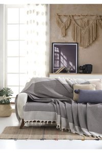 Lux Touch Bergama Pamuklu Püsküllü Süngersiz Geometrik Desenli Kahverengi Tekli Koltuk Örtüsü 170x200 cm