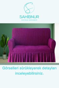 Sahibnur Pamuklu - Polyester Bürümcük Jakarlı Süngersiz Geometrik Desenli Giydirmeli Mor İkili Koltuk Örtüsü 140x180 cm