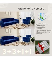 Uy Style Tekstil Kadife Süngerli Armürlü Giydirmeli Lacivert Dörtlü Koltuk Örtüsü 180x230 cm