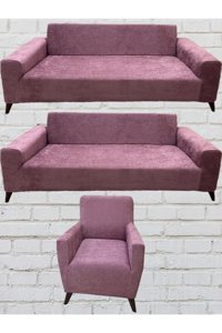 Şahane Ev Babyface Kadife Likralı Jakarlı Süngersiz Düz Giydirmeli Lastikli Kaymaz Mor Üçlü Koltuk Örtüsü 5x110 cm