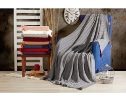 Taclove Yünlü Likralı Ponponlu Süngersiz Gri Tekli Koltuk Örtüsü 130x170 cm