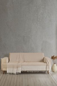 Miracolo Home Pamuklu Püsküllü Süngersiz Çizgili Bej Tekli Koltuk Örtüsü 170x301 cm