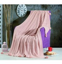 Zerif Home Akrilik Örgü Ponponlu Süngersiz Düz Pembe Tekli Koltuk Örtüsü 130x180 cm