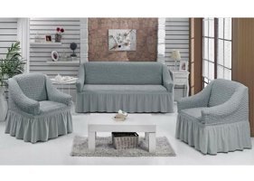 Akyol Home Polyester Bürümcük Fırfırlı Süngersiz Giydirmeli Lastikli Gri Üçlü Koltuk Örtüsü 150x195 cm