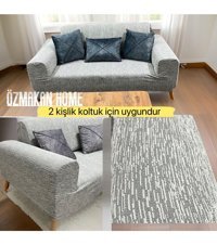Özmakan Pamuklu - Polyester Likralı Jakarlı Süngersiz Çizgili Giydirmeli Gri İkili Koltuk Örtüsü 135x180 cm