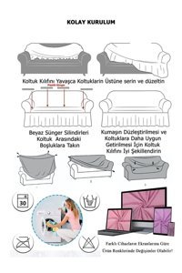 Uytm Polyester Bürümcük-Likralı Drapeli Süngerli Çizgili Giydirmeli Beyaz Tekli Koltuk Örtüsü 230x180 cm