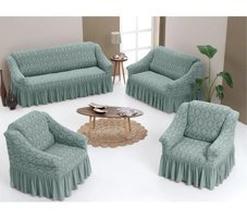 Furkanticaret Pamuklu - Polyester Likralı Jakarlı Süngersiz Damask Desenli Giydirmeli Yeşil 3-2-1-1 Koltuk Örtüsü 180x230 cm